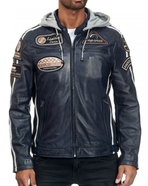 Vintage leather motorcycle jacket, retro biker jacket navy blue